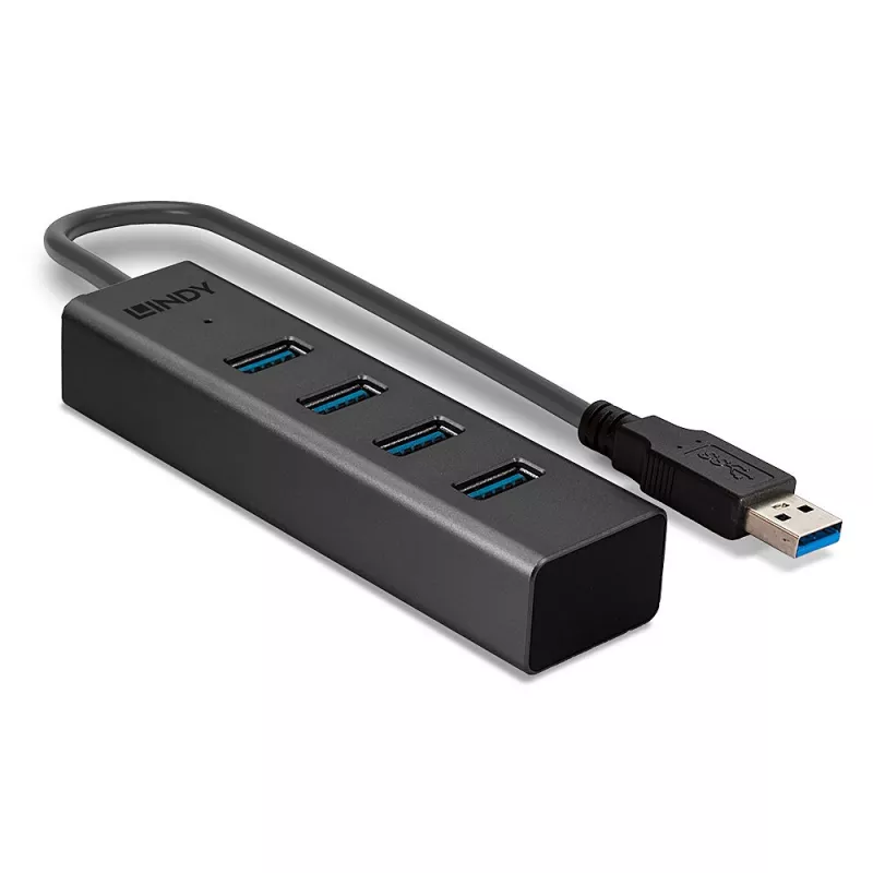 Lindy 4 Port USB 3.0 Hub, USB 3.2 Gen 1 (3.1 Gen 1) Type-A, USB 3.2 Gen 1 (3.1 Gen 1) Type-A, 5000 Mbit/s, Czarny, Aluminium, Plastik, 0.3 m