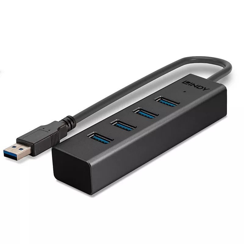 Lindy 4 Port USB 3.0 Hub, USB 3.2 Gen 1 (3.1 Gen 1) Type-A, USB 3.2 Gen 1 (3.1 Gen 1) Type-A, 5000 Mbit/s, Czarny, Aluminium, Plastik, 0.3 m