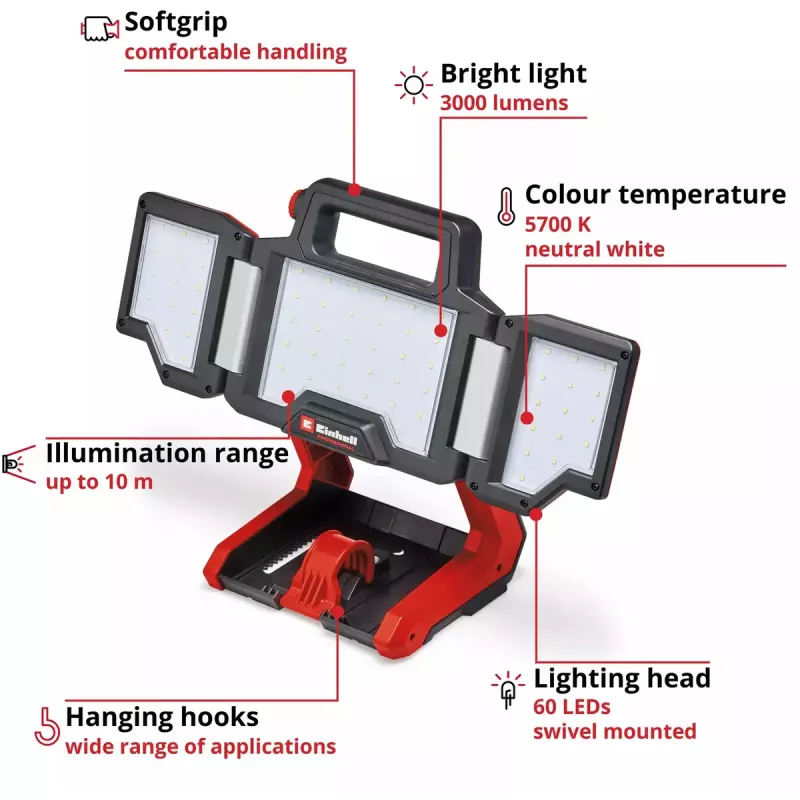 Lampa bezprzewodowa EINHELL TP-CL 18/3000 Li Set Solo — ładowalna lampa robocza, czerwona, sprzedawana bez akumulatora i ładowarki