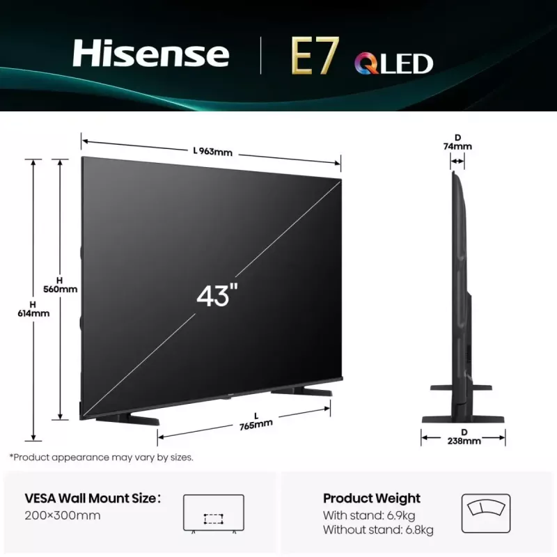 Hisense 43E77Q 109.2 cm (43 cale) 4K Ultra HD Smart TV Wi-Fi Czarny