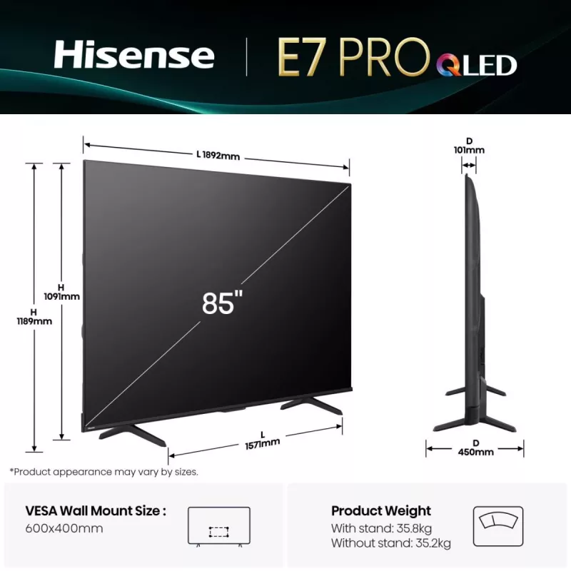 Hisense 85E77Q PRO 2.16 m (85 cali) 4K Ultra HD Smart TV Wi-Fi Czarny