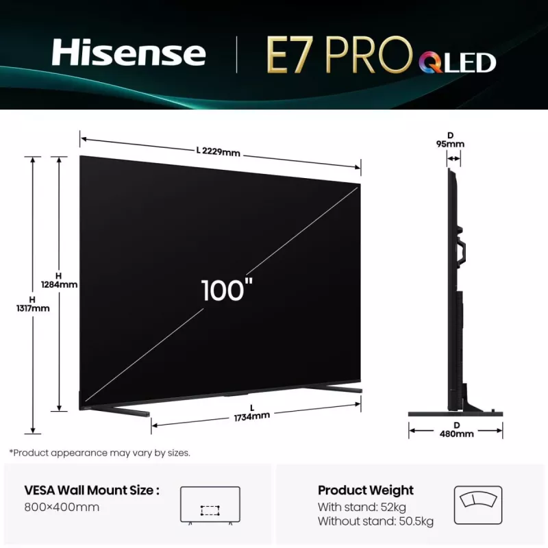 Hisense 100E7Q PRO 2.54 m (100 cali) 4K Ultra HD Smart TV Wi-Fi Czarny