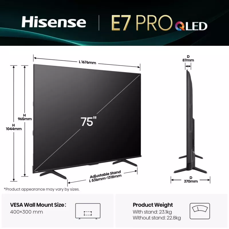 Hisense 75E77Q PRO 190.5 cm (75 cali) 4K Ultra HD Smart TV Wi-Fi Czarny