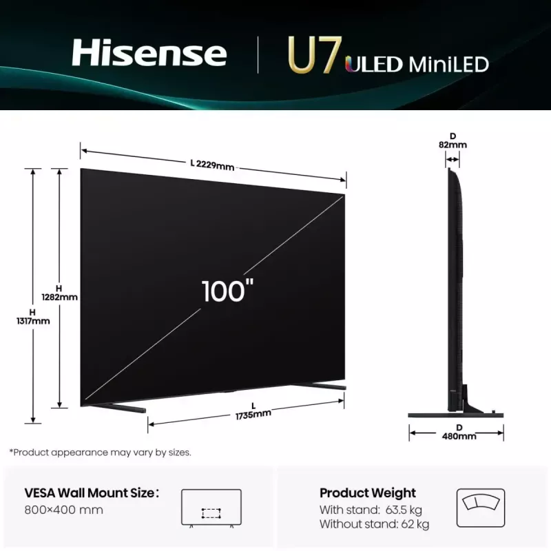 Hisense 100U7Q 2,54 m (100 cali) 4K Ultra HD Smart TV Wi-Fi Czarny