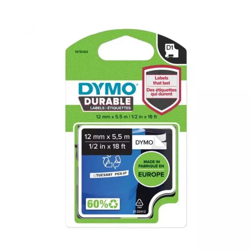 Etykiety DYMO Authentic D1 Durable | Czarny nadruk na białej taśmie | 12 mm x 5,5 m | Wysokowydajna taśma etykietująca do drukarek etykiet LabelManager