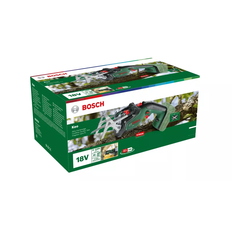 Bezprzewodowa pilarka szablasta Bosch Keo 2300 spm, 18 V, 2 Ah, 2300 spm, skok 115 mm, waga 1,4 kg