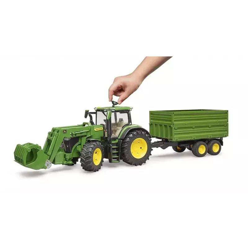 Ciągnik BRUDER John Deere 7R 350 z ładowaczem czołowym i przyczepą wywrotką tandemową, plastik, wiek 3+