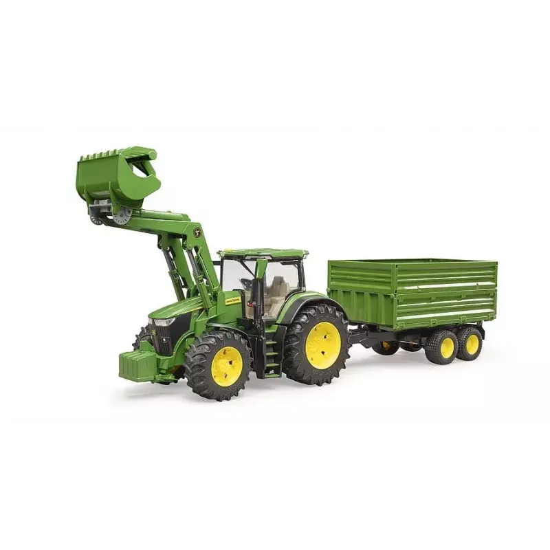Ciągnik BRUDER John Deere 7R 350 z ładowaczem czołowym i przyczepą wywrotką tandemową, plastik, wiek 3+
