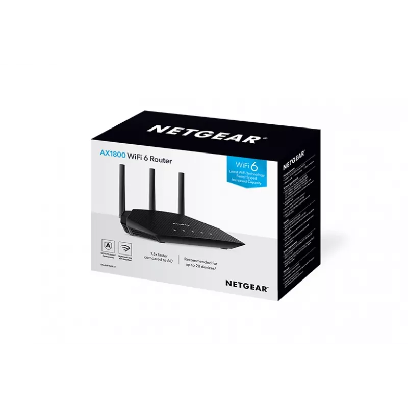NETGEAR Nighthawk 4-Stream AX1800 WiFi 6 Router (RAX10) router bezprzewodowy Gigabit Ethernet Dwupasmowy (2.4 GHz / 5 GHz) Czarny