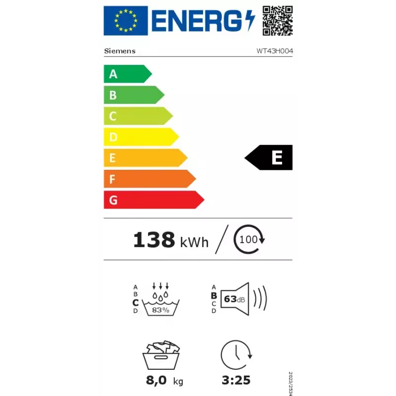 Suszarka bębnowa Siemens iQ300 WT43H004 Wolnostojąca Ładowanie od przodu 8 kg Biała