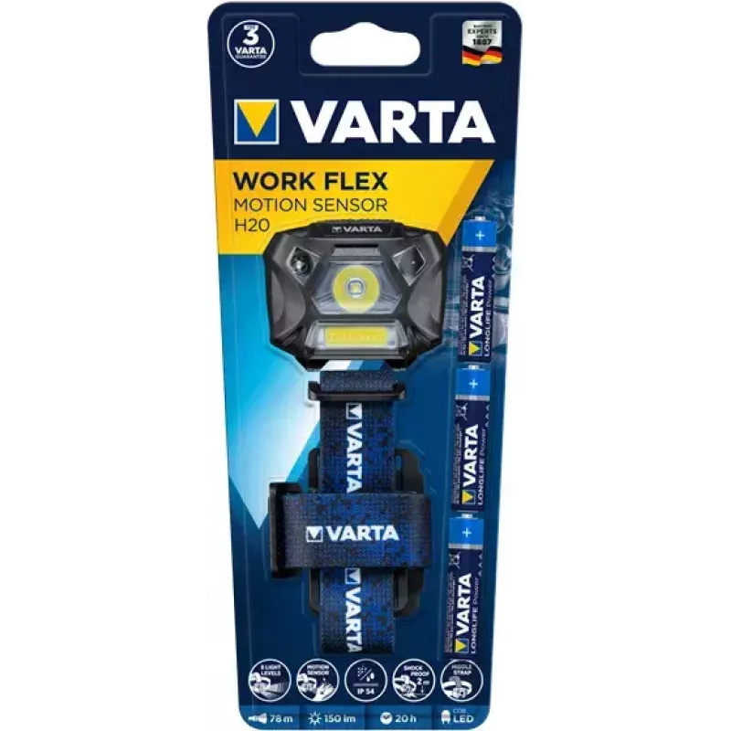 Latarka na głowę Varta WORK FLEX MOTION SENSOR H20 czarna niebieska LED 150 lm 20 h