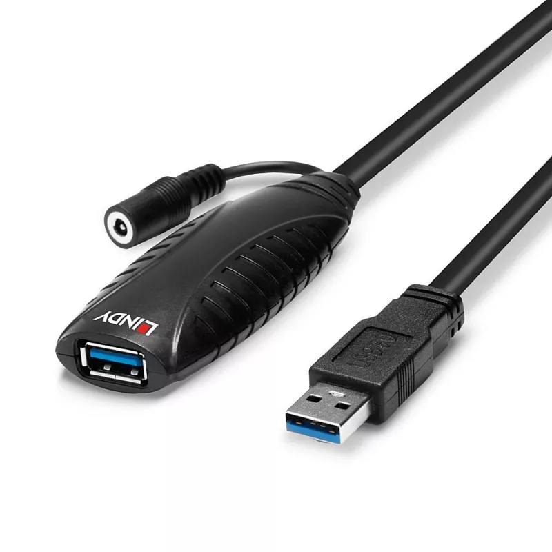 Lindy 10m USB 3.0 Active Extension, 10 m, USB A, USB A, USB 3.2 Gen 1 (3.1 Gen 1), 5 Gbit/s, Czarny