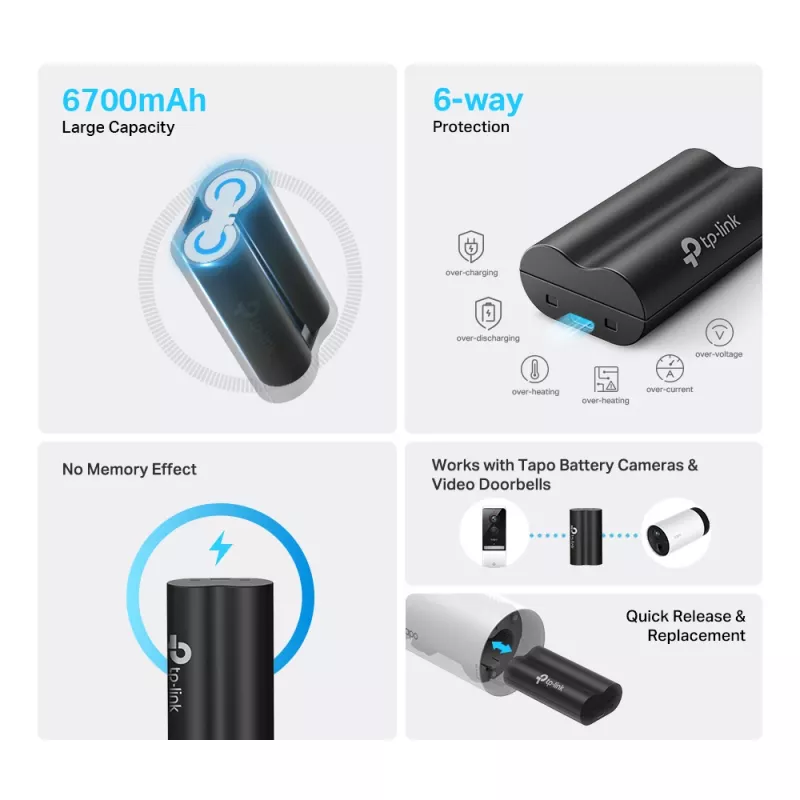 TP-Link Tapo Battery Pack, Bateria, Uniwersalna, TP-Link, Czarny, Tapo C420, Tapo C400, Tapo D230, Litowa