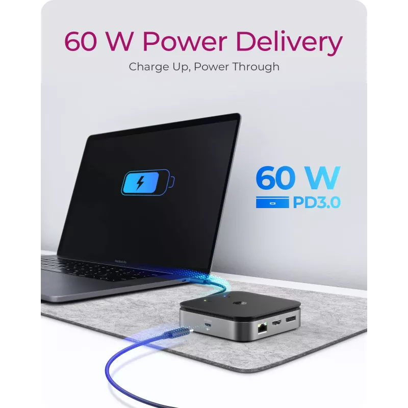 ICY BOX 7-w-1 USB4® DockingStation z podwójnym wyjściem wideo, przewodowa, USB4, 60 W, 3.5 mm, 10,100,1000 Mbit/s, antracytowy