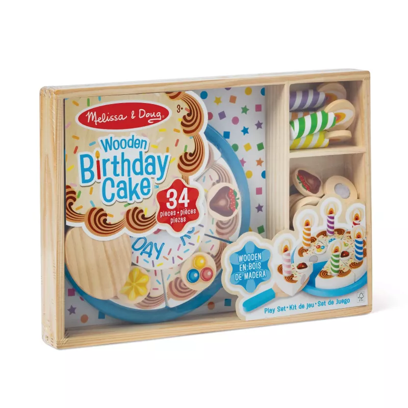 Melissa & Doug Tort Urodzinowy - Drewniane Jedzenie Do Zabawy Z Mieszanymi I Dopasowywanymi Dodatkami i 7 Świeczkami