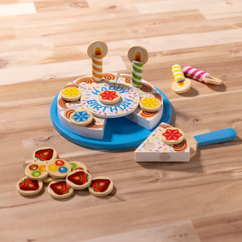 Melissa & Doug Tort Urodzinowy - Drewniane Jedzenie Do Zabawy Z Mieszanymi I Dopasowywanymi Dodatkami i 7 Świeczkami