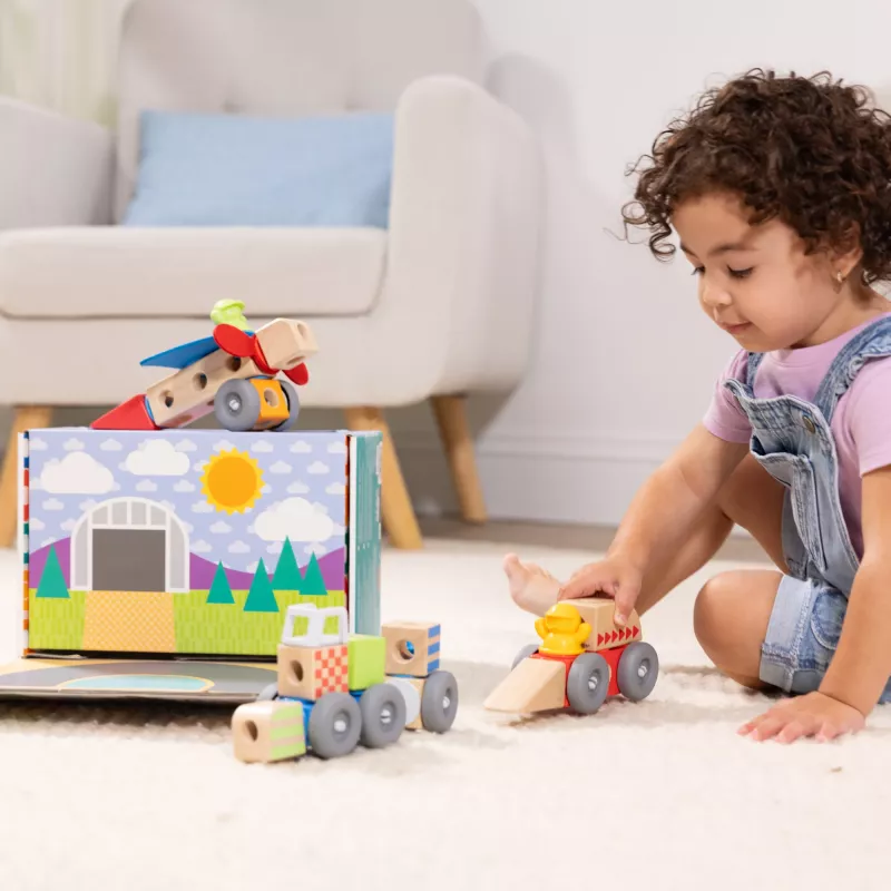 Drewniany zestaw konstrukcyjny pojazdów Snap-and-Play Melissa & Doug Blockables, 54 szt., łączone, certyfikat FSC