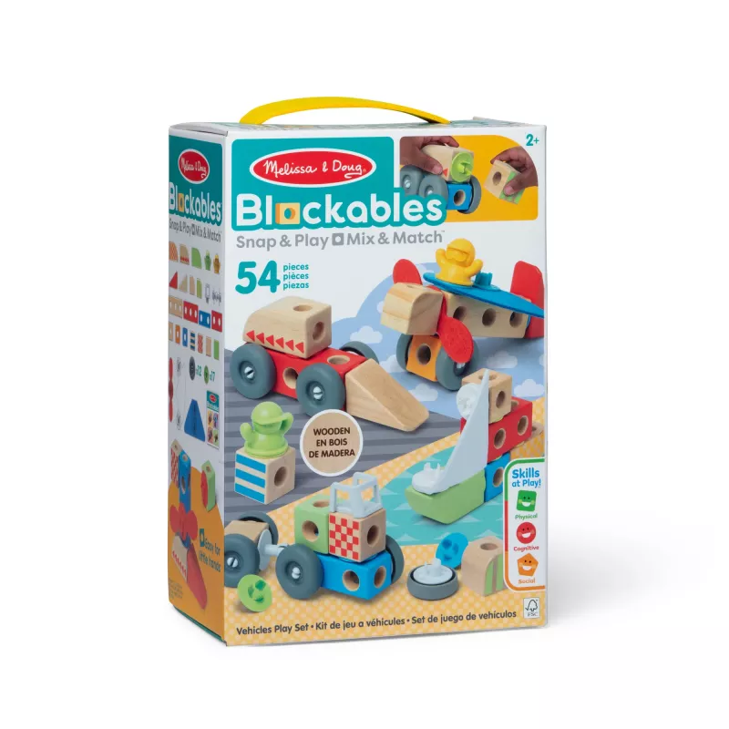 Drewniany zestaw konstrukcyjny pojazdów Snap-and-Play Melissa & Doug Blockables, 54 szt., łączone, certyfikat FSC