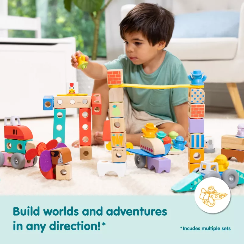 Drewniany zestaw konstrukcyjny pojazdów Snap-and-Play Melissa & Doug Blockables, 54 szt., łączone, certyfikat FSC