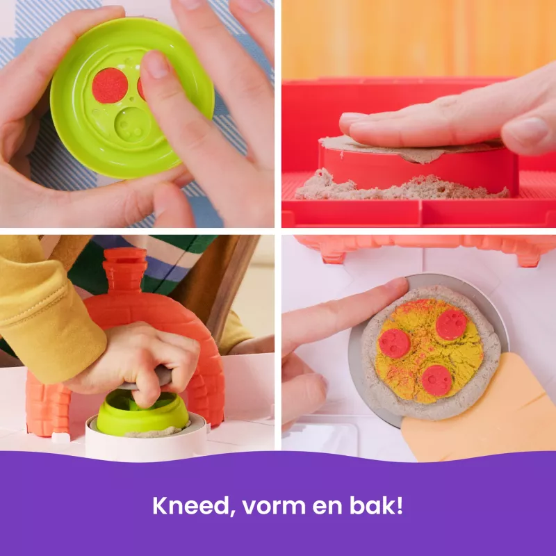 Kinetic Sand, SquishPizza Rising Pizza Oven Playset, kreatywne prezenty wielkanocne, zawiera 1 funt formowalnego piasku kinetycznego i 5 narzędzi, zabawki do zabawy w jedzenie, sztuka i rękodzieło dla dzieci