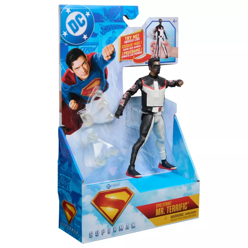 DC Comics, SUPERMAN, Mr. Terrific, Figurka Epic Strike, 15 cm, autentyczny styl filmowy, zawiera 2 akcesoria, zabawki dla chłopców i dziewczynek od 4 lat