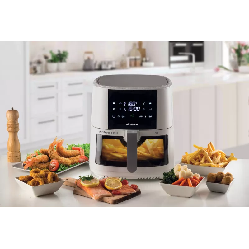 Ariete 4630 Frytkownica beztłuszczowa 9L, 1300W, Pojemność 9L, Pojemność gotowania 2,5kg, 8 programów automatycznych, Temperatura do 200°, Przezroczysty kosz do kontroli gotowania, Biały