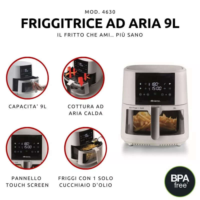 Ariete 4630 Frytkownica beztłuszczowa 9L, 1300W, Pojemność 9L, Pojemność gotowania 2,5kg, 8 programów automatycznych, Temperatura do 200°, Przezroczysty kosz do kontroli gotowania, Biały