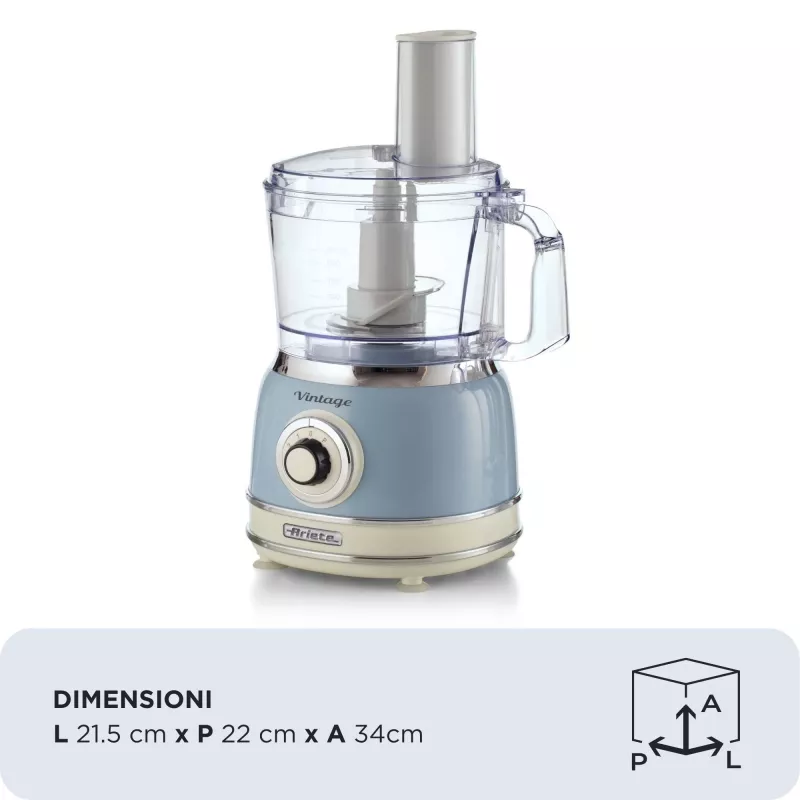 Robot kuchenny ARIETE Vintage Line 1781/05 — 1000 W, misa 2,1 l, sterowanie obrotowe, ostrze ze stali nierdzewnej, niebieski
