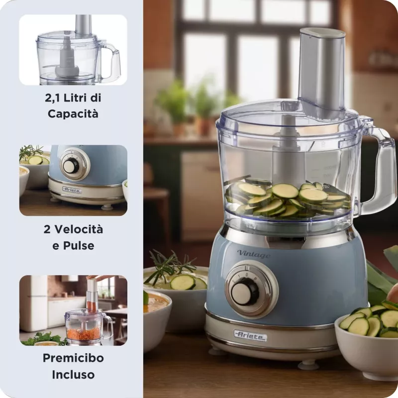 Robot kuchenny ARIETE Vintage Line 1781/05 — 1000 W, misa 2,1 l, sterowanie obrotowe, ostrze ze stali nierdzewnej, niebieski