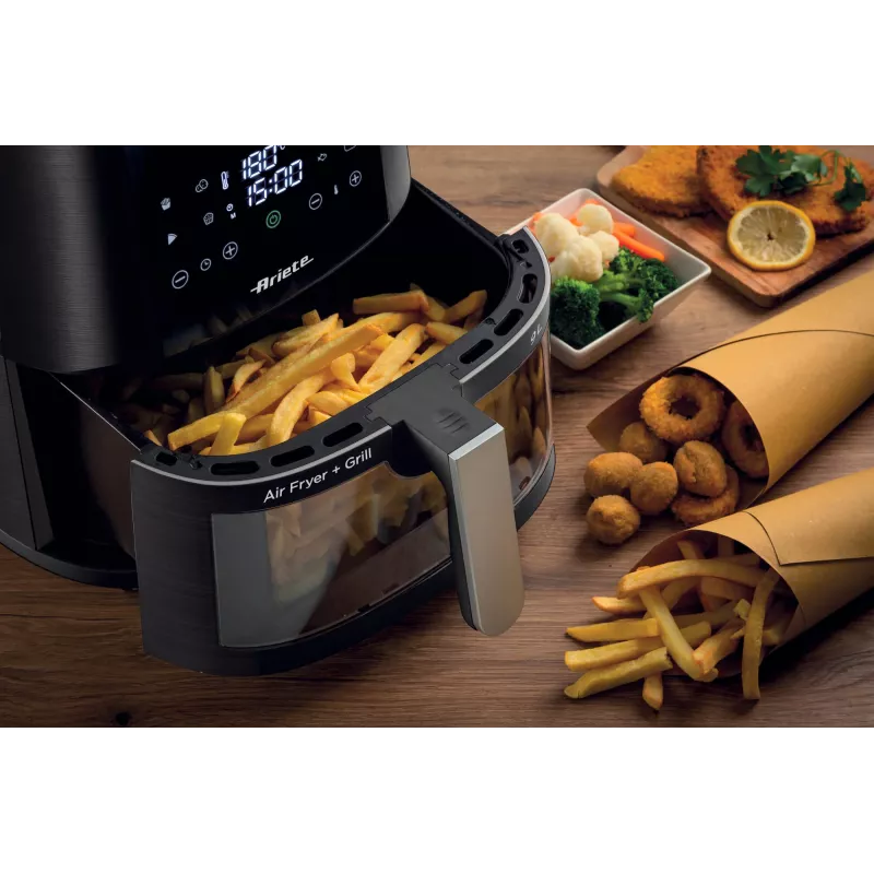Ariete 4630 Frytkownica powietrzna 9L, 1300W, Pojemność 9L, Wydajność gotowania 2,5 kg, 8 programów ustawień wstępnych, Temperatura do 200°, Przezroczysty kosz do kontroli gotowania, Czarny