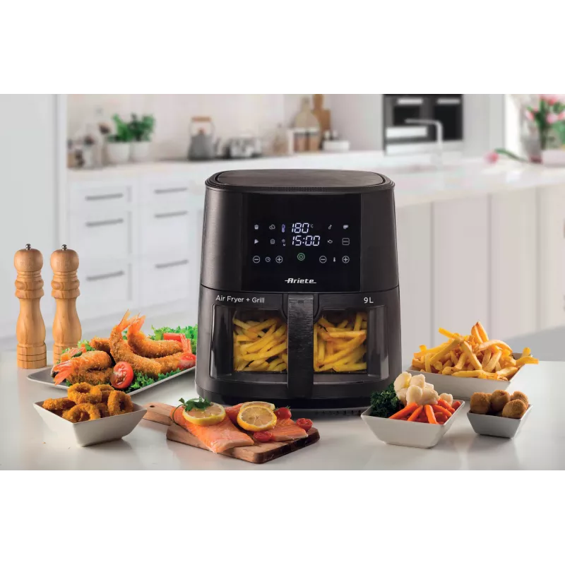 Ariete 4630 Frytkownica powietrzna 9L, 1300W, Pojemność 9L, Wydajność gotowania 2,5 kg, 8 programów ustawień wstępnych, Temperatura do 200°, Przezroczysty kosz do kontroli gotowania, Czarny