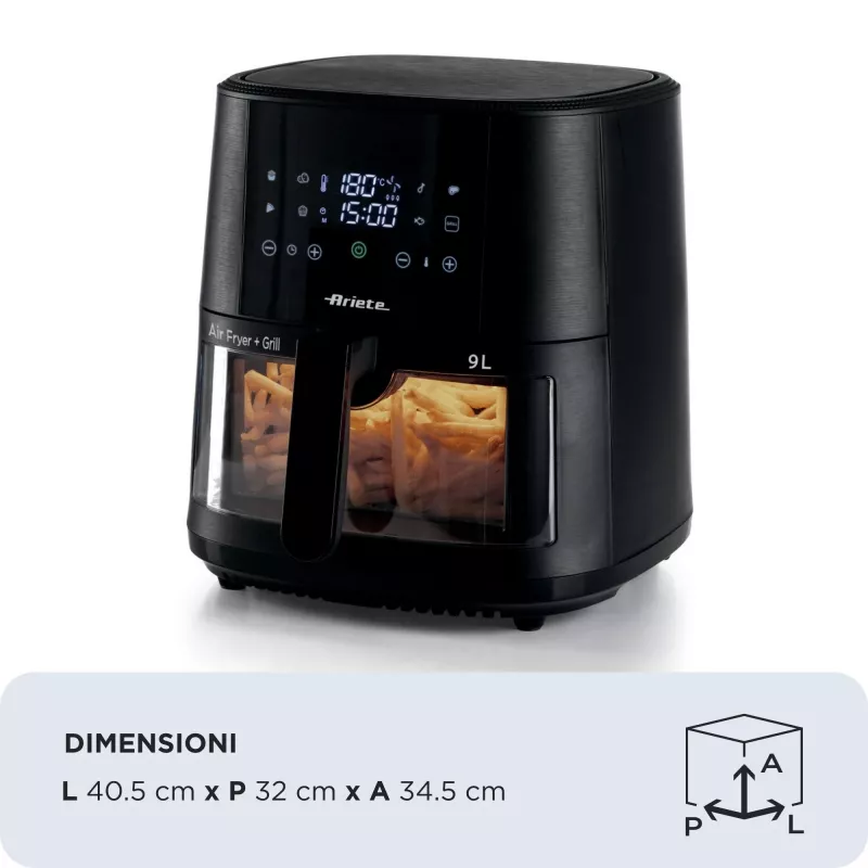Ariete 4630 Frytkownica powietrzna 9L, 1300W, Pojemność 9L, Wydajność gotowania 2,5 kg, 8 programów ustawień wstępnych, Temperatura do 200°, Przezroczysty kosz do kontroli gotowania, Czarny