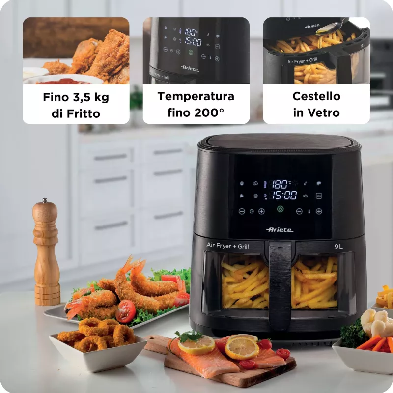 Ariete 4630 Frytkownica powietrzna 9L, 1300W, Pojemność 9L, Wydajność gotowania 2,5 kg, 8 programów ustawień wstępnych, Temperatura do 200°, Przezroczysty kosz do kontroli gotowania, Czarny