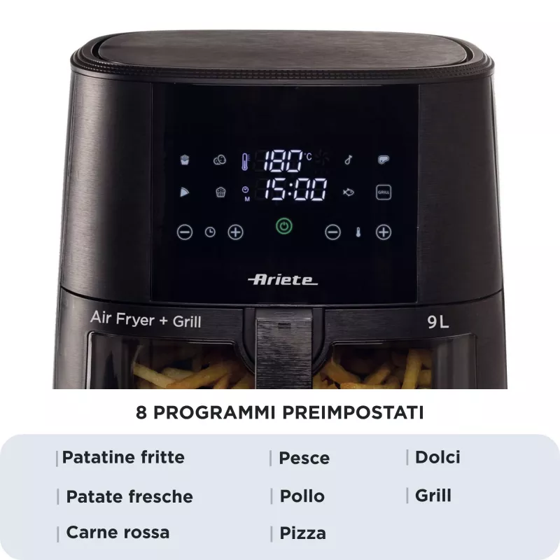 Ariete 4630 Frytkownica powietrzna 9L, 1300W, Pojemność 9L, Wydajność gotowania 2,5 kg, 8 programów ustawień wstępnych, Temperatura do 200°, Przezroczysty kosz do kontroli gotowania, Czarny