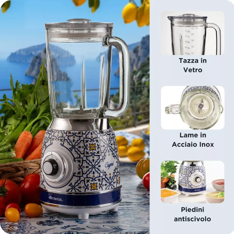Blender Ariete 583 Capri ze szklanym dzbanem 1,5 l, 4 ostrzami ze stali nierdzewnej, 4 prędkościami + pulsacją, 1000 W