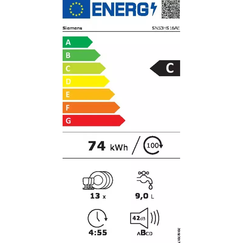 Zmywarka Siemens iQ300 SN53HS16AE do zabudowy częściowej, 13 kompletów, 42 dB, 9 l/cykl, klasa energetyczna C