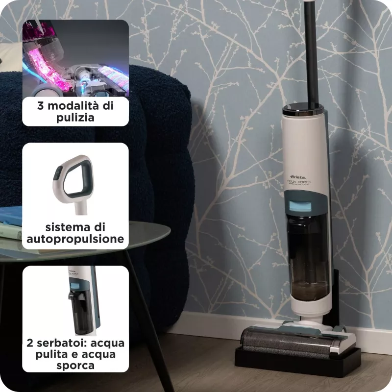 Ariete 2483 Aqua Force Wash & Vacuum, inteligentny odkurzacz, bezprzewodowy czyścik do podłóg, bezprzewodowy, odkurza i myje, sierść zwierząt, suchy i mokry brud, pojemność 700 ml, akcesoria w zestawie