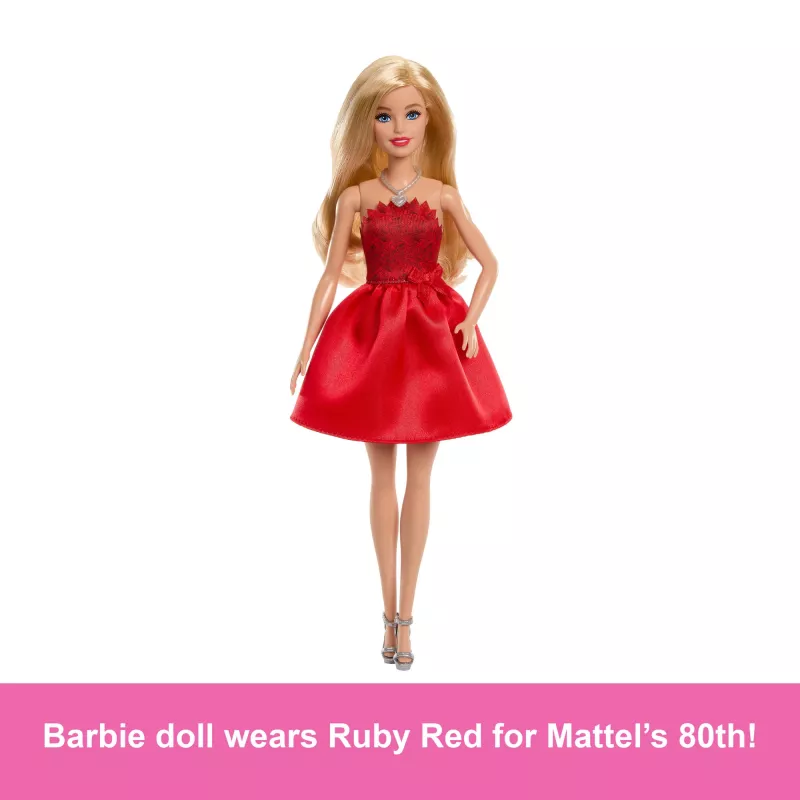 Barbie Mattel 80th Anniversary Ruby-Red Celebration Fashion lalka Wearing czerwony Dress with Accessories
