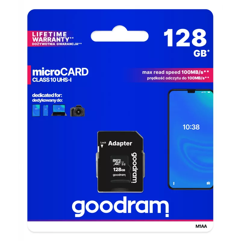 Karta pamięci flash MicroSDXC GOODRAM 128 GB UHS‑I Class 10 (odczyt 100 MB/s, zapis 10 MB/s) z adapterem SD