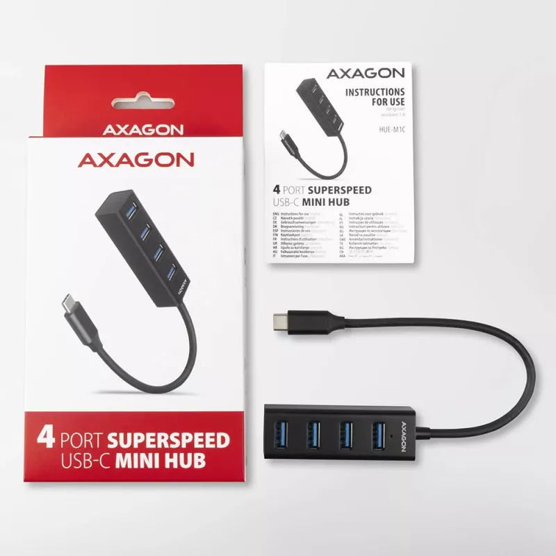 Axagon HUE-M1C 4x USB 3.2 Gen 1 MINI hub, metal, kabel USB-C 20cm
