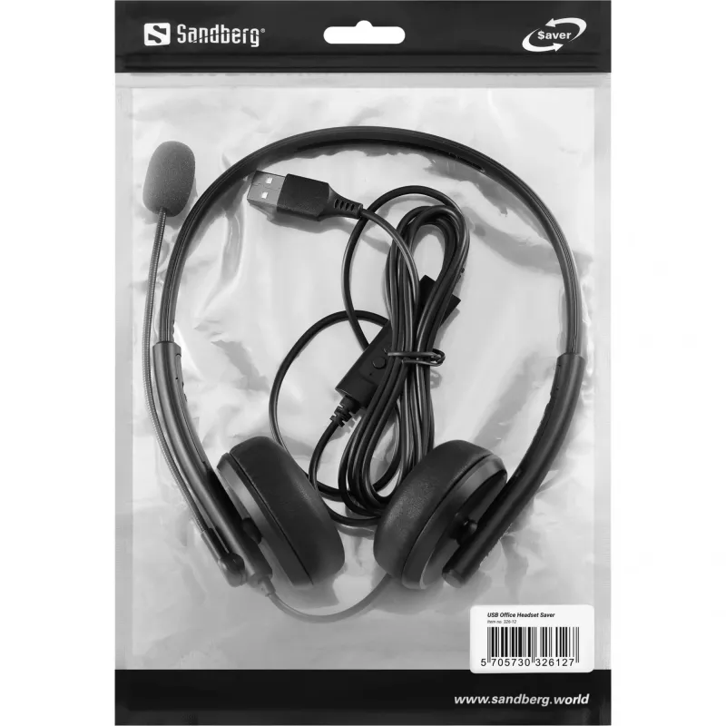 Sandberg USB Office Headset Saver, przewodowy, rozmowy/muzyka, 20–20000 Hz, 150 g, zestaw słuchawkowy, czarny