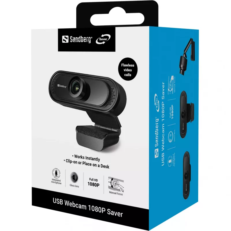 Kamera internetowa Sandberg USB Webcam 1080P Saver, 2 MP, 1920 x 1080 pikseli, Full HD, 30 kl./s, 1920x1080@30fps, 1080p