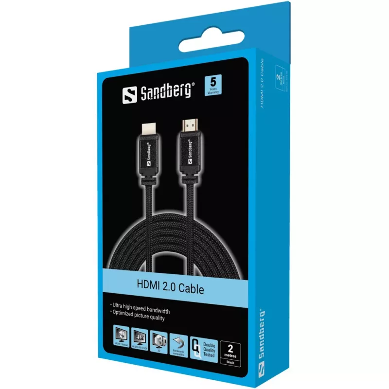 Kabel Sandberg HDMI 2.0 19M-19M, 2m, 2 m, HDMI typu A (standard), HDMI typu A (standard), czarny