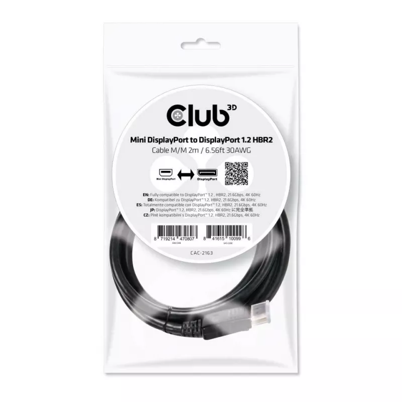 CLUB3D Mini DisplayPort do DisplayPort 1.2 M/M 2 m/6,56 stopy 4K60Hz