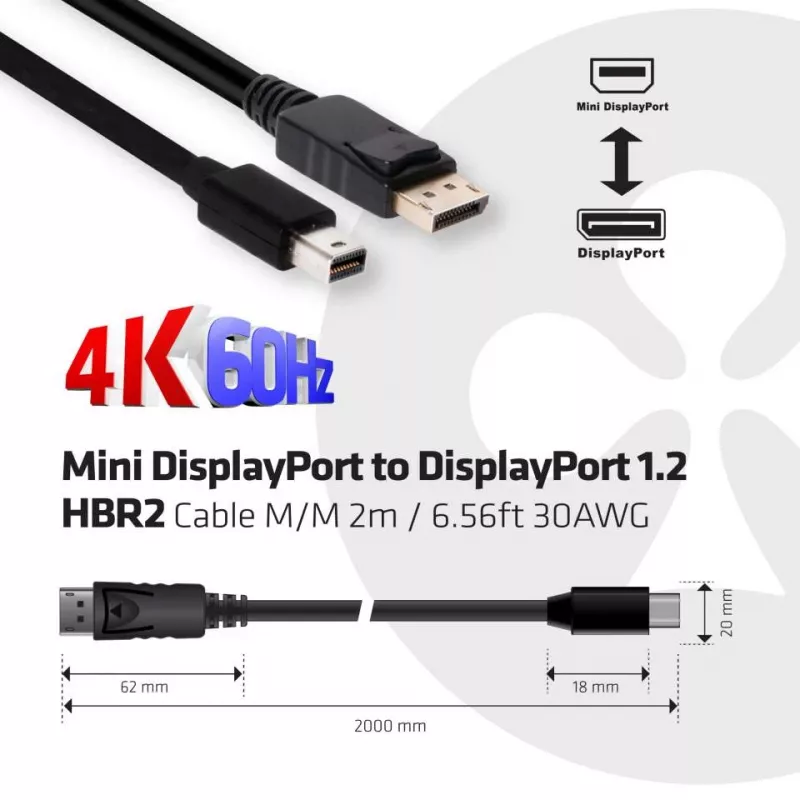 CLUB3D Mini DisplayPort do DisplayPort 1.2 M/M 2 m/6,56 stopy 4K60Hz