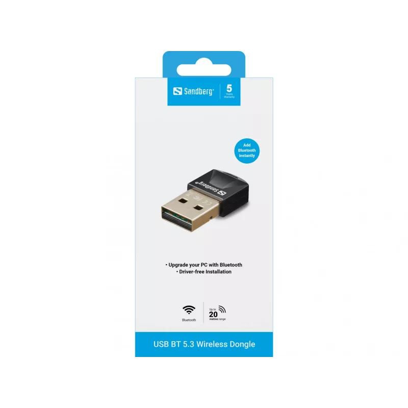 Sandberg USB BT 5.3 Bezprzewodowy Dongle, Bezprzewodowy, USB, Bluetooth, 3 Mbit/s, Czarny