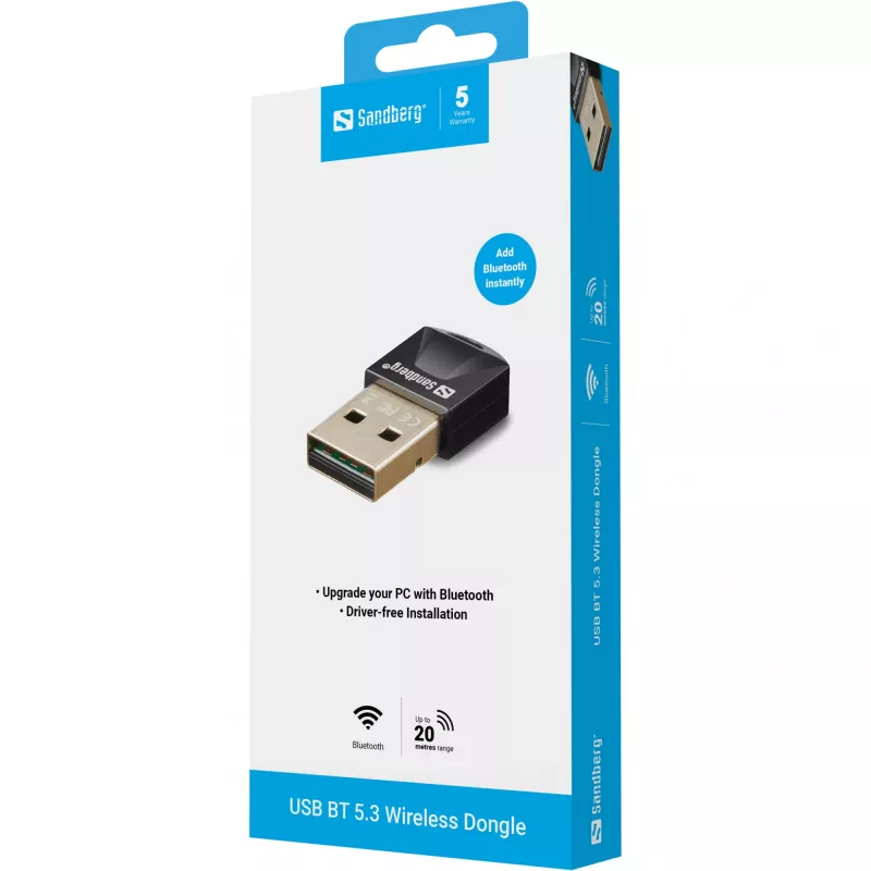 Sandberg USB BT 5.3 Bezprzewodowy Dongle, Bezprzewodowy, USB, Bluetooth, 3 Mbit/s, Czarny