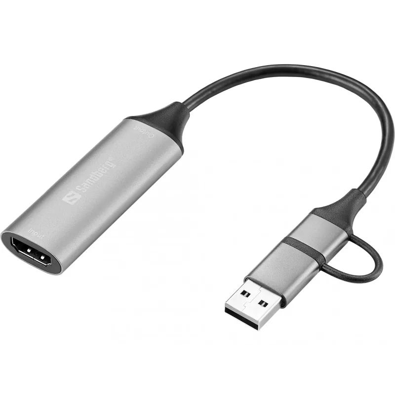 Sandberg HDMI Capture Link do USB-C/A, HDMI Typ A (Standard), USB Typ-A + USB Typ-C, Żeński, Męski, Prosty, Prosty
