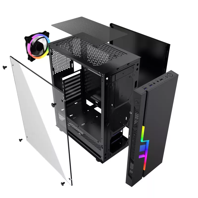 Obudowa PC GEMBIRD Fornax 2000 RGB Midi Tower Czarna — Micro ATX/ITX/ATX, 1x120mm tylny wentylator, 2x2.5 cala zatoki, 2x3.0 USB-A, Szkło hartowane