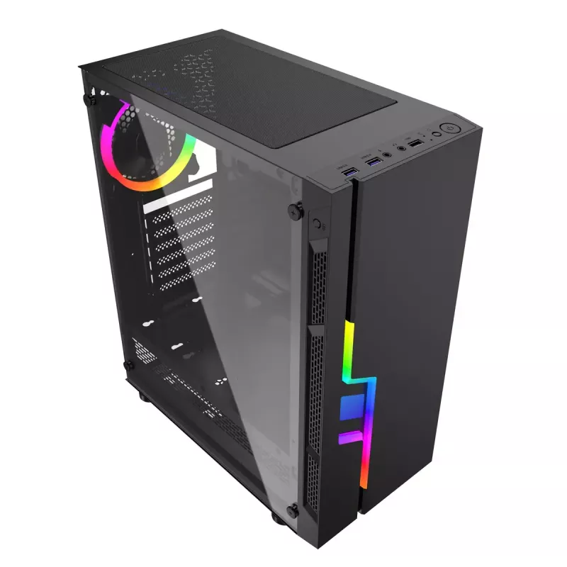 Obudowa PC GEMBIRD Fornax 2000 RGB Midi Tower Czarna — Micro ATX/ITX/ATX, 1x120mm tylny wentylator, 2x2.5 cala zatoki, 2x3.0 USB-A, Szkło hartowane
